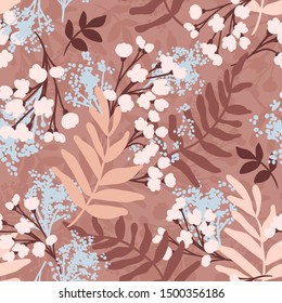 Vector Floral seamless pattern. Flowers and leaves. Repeat background with plants. Hand Drawn texture with blossom. Botanical Design for print, wallpaper, fabrics or wrapping paper.