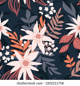 Vector Floral seamless pattern. Flowers and leaves. Repeat background with plants. Hand Drawn texture with blossom. Botanical Design for print, wallpaper, fabrics or wrapping paper.