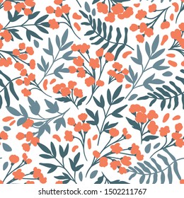 Vector Floral seamless pattern. Flowers and leaves. Repeat background with plants. Hand Drawn texture with blossom. Botanical Design for print, wallpaper, fabrics or wrapping paper.