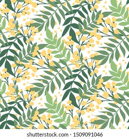 Vector Floral seamless pattern. Flowers and leaves. Repeat background with plants. Hand Drawn texture with blossom. Botanical Design for print, wallpaper, fabrics or wrapping paper.