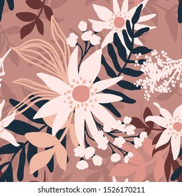 Vector Floral seamless pattern. Flowers and leaves. Repeat background with plants. Hand Drawn texture with blossom. Botanical Design for print, wallpaper, fabrics or wrapping paper.