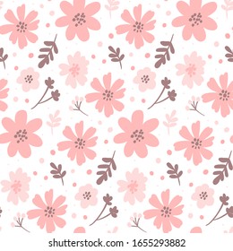 Vector Floral seamless pattern. Flowers and leaves. Repeat background with plants. Hand Drawn texture with blossom. Botanical Design for print, wallpaper, fabrics or wrapping paper.