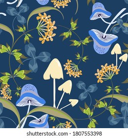 Vektorblumennahtloses Muster mit Blumen, Blättern, Pilzen. Eleganter floraler Hintergrund mit handgezeichneten Elementen. Moderne Dodle-Textur. Naturhintergründe. Wiederholte Gestaltung für Dekoration, Stoff