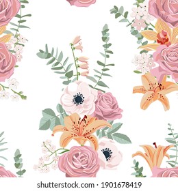 vector floral seamless pattern with flowers of  roses, anemones and lilies at white background, hand drawn illustration