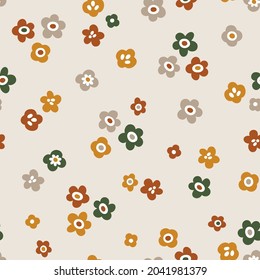 Vector floral seamless pattern with flowers. Retro repeated texture with simple blooming flowers. Botanical hand drawn print for fabric, home decor and wrapping paper. Natural background.