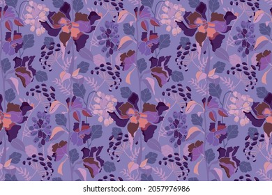 Patrón vector floral sin soldadura. Flores, hierbas y bayas sobre un fondo morado. Para el diseño decorativo de cualquier superficie. Estilo retro.
