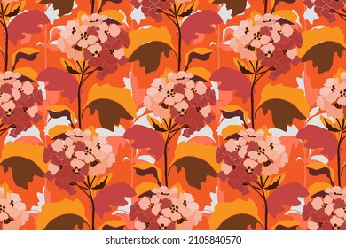 Vector floral seamless pattern. Flowers with twigs and leaves in red and orange tones on a white background. Repeating floral elements for wallpapers, fabrics, banners and more.