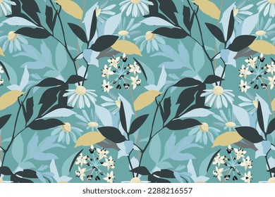 Vector floral seamless pattern. Flowers with leaves isolated on a turquoise background. Floral illustration for decorating surfaces, wallpapers, cards and more.