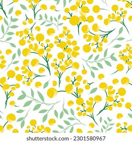 Vector floral seamless pattern with flowers and leaves. Gentle, spring floral background with mimosa branches. 