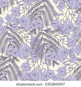 Vector floral seamless pattern flowers of Jacaranda tree. Toile art Hand drawn illustration for design packaging, textile, wallpaper, fabric. Elements with Purple fill on beige background