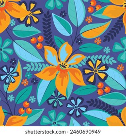 Vector floral seamless pattern with flowers, leaves, twigs, berries. Colorful plants on a blue background.