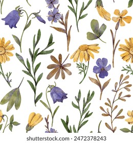 vector floral seamless pattern with flowers, leaves, plants and branches at white background, natural elements, hand drawn botanical illustration