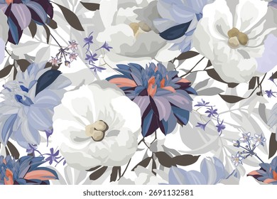 Vektor florale nahtlose Muster. Blumen, Blätter, Äste auf weißem Hintergrund.
