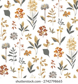 Vector floral seamless pattern. Flowers and leaves on a white background. 