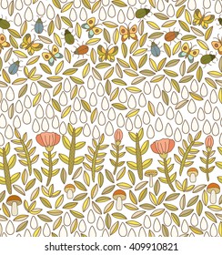 Vector floral seamless pattern with flowers, leaves, branches, butterflies, mushrooms, bugs and drops drawn by hand. Doodle floral texture.