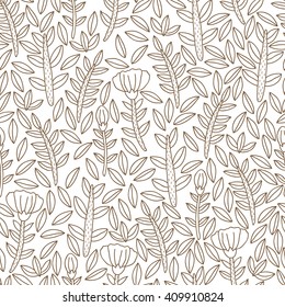 Vector floral seamless pattern with flowers, leaves and branches drawn by hand. Doodle floral texture. Black and white. Adult coloring page.