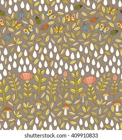 Vector floral seamless pattern with flowers, leaves, branches, butterflies, mushrooms, bugs and drops drawn by hand. Doodle floral texture.