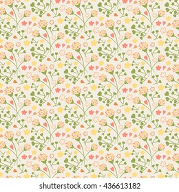 Vector floral seamless pattern with flowers, leaves and hearts. Elegant floral background.