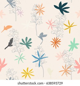 Vector floral seamless pattern with flowers and leaves of lupin. Soft pastel colors on beige background with worn out texture.