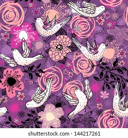 vector floral seamless pattern with flying doves and blooming roses