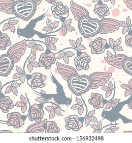 vector floral seamless pattern with flying birds and vintage roses