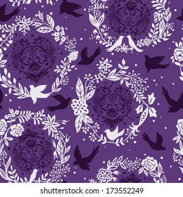 vector floral seamless pattern with flying birds, wreathes and nests