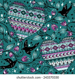 vector floral seamless pattern with flying birds, tulips and ornamental hearts