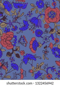 Vector floral seamless pattern in folk style. Abstract cartoon flowers and butterflies. Hand drawn ethnic primitive illustration. Naive decorative ornament. 