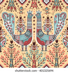vector floral seamless pattern with folk birds and abstract trees
