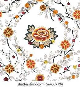 Vector floral seamless pattern. Folk style big flower like embroidered peony, small red, yellow, orange simple flowers, grey and beige curls and leaves, dark green grass on white background.