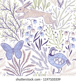 vector floral seamless pattern with forest animals and plants