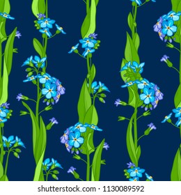 Vector floral seamless pattern. Forget-me-nots boundless background. Blue and violet tiny flowers and bright green leaves on dark blue background. Tileable design element.
