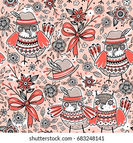vector floral seamless pattern with funny owls and red bowls