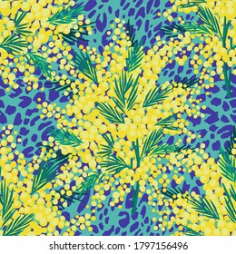 Patrón vectorial sin costura floral con flores de jardín y textura de piel de huella animal. Bouquet hecho de flores mimosa y puntos leopardos. Fondo botánico brillante. Ornamento natural primaveral.