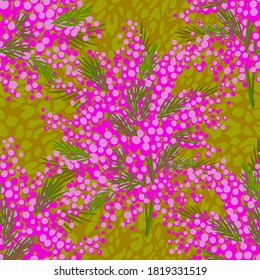 Vector floral seamless pattern with garden flowers and spotted texture. Bouquet made of mimosa flowers. Bright botanical background. Spring nature ornament.