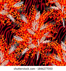 Patrón vectorial sin costura floral con flores de jardín y textura de piel de huella animal. Bouquet hecho de mimosa flor y rayas de cebra. Fondo botánico brillante. Ornamento natural primaveral.