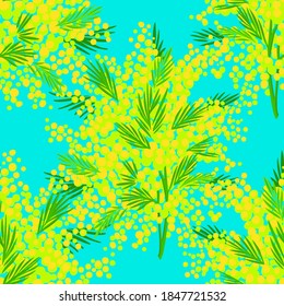 Vector floral seamless pattern with garden flowers. Bouquet made of mimosa flowers and greenery twigs. Bright botanical background. Spring nature ornament. Simple fashion retro style for fabric.