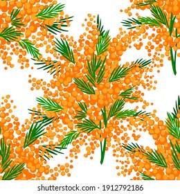 Patrón vectorial sin costura con flores de jardín. Comedor de flores de mimosa y ramas verdes. Fondo botánico brillante. Ornamento natural primaveral. Estilo retro de moda simple para la tela.
