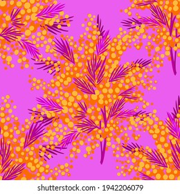 Vector floral seamless pattern with garden flowers. Bouquet made of mimosa flowers and greenery twigs. Bright botanical background. Spring nature ornament. Simple fashion retro style for fabric.