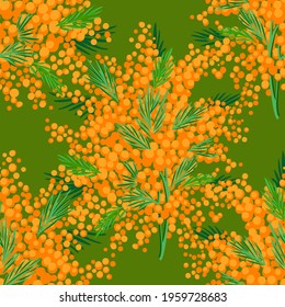 Vector floral seamless pattern with garden flowers. Bouquet made of mimosa flowers and greenery twigs. Bright botanical background. Spring nature ornament. Simple fashion retro style for fabric.