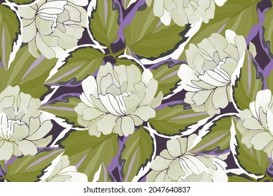 Vector floral seamless pattern. Garden flowers, leaves isolated on a purple background. Beautiful peonies for fabric, wallpaper design, kitchen textile, banners, card.