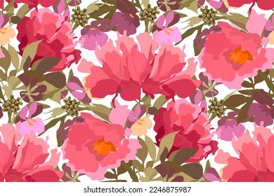 Patrón vectorial sin costura con flores de jardín. Ilustración con peonías de color rojo, rosa y coral sobre un fondo blanco.