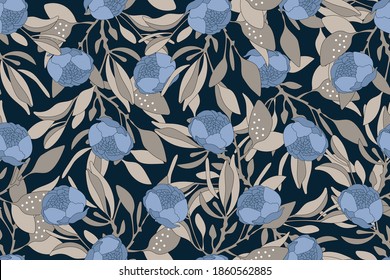 Vector floral seamless pattern. Gentle flower background. Blue buds, brown branches and leaves isolated on dark background. 