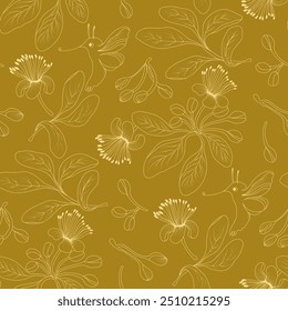 Vector floral seamless pattern. Gentle spring background with doodle flowers and moths. Floral and nature theme. Thin line sketch. Vector illustration. 