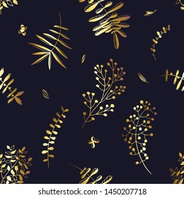 Vector floral seamless pattern with gold leaves, buds and branches elements on black background. Abstract gold floral texture for textile, wrapping paper, print design, clothes.
