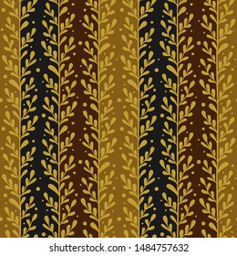 Vector floral seamless pattern with gold vertical branches and leaves. Stylish texture for fabric, wallpaper, textile, web design.