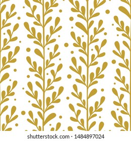 Vector floral seamless pattern with gold vertical branches and leaves. Stylish texture for fabric, wallpaper, textile, web design.