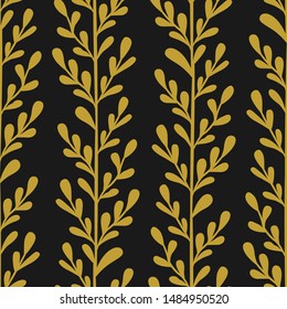 Vector floral seamless pattern with gold vertical branches and leaves. Stylish texture for fabric, wallpaper, textile, web design.