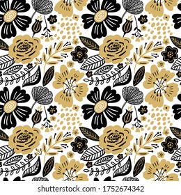 Vector floral seamless pattern gold and black colors. Flat flowers, petals, leaves with and doodle elements. Collage style botanical background for textile and surface. Cutout paper design.