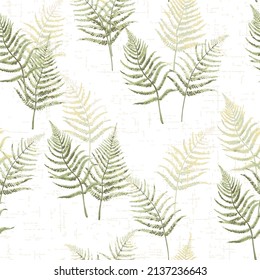 Vector floral seamless pattern with green fern leaves, dill, chicory flowers and shepherd's purse plant . Thin delicate lines hand drawn silhouettes in pastel colors. 